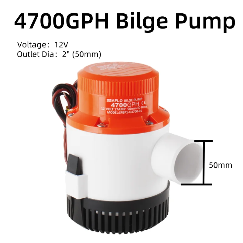 

SEAFLO 01 Series 4700GPH 12V Bilge Pump Marine Boat Accessories Electric Water Pump Heavy Duty High Flow Non-Automatic 2" Outlet