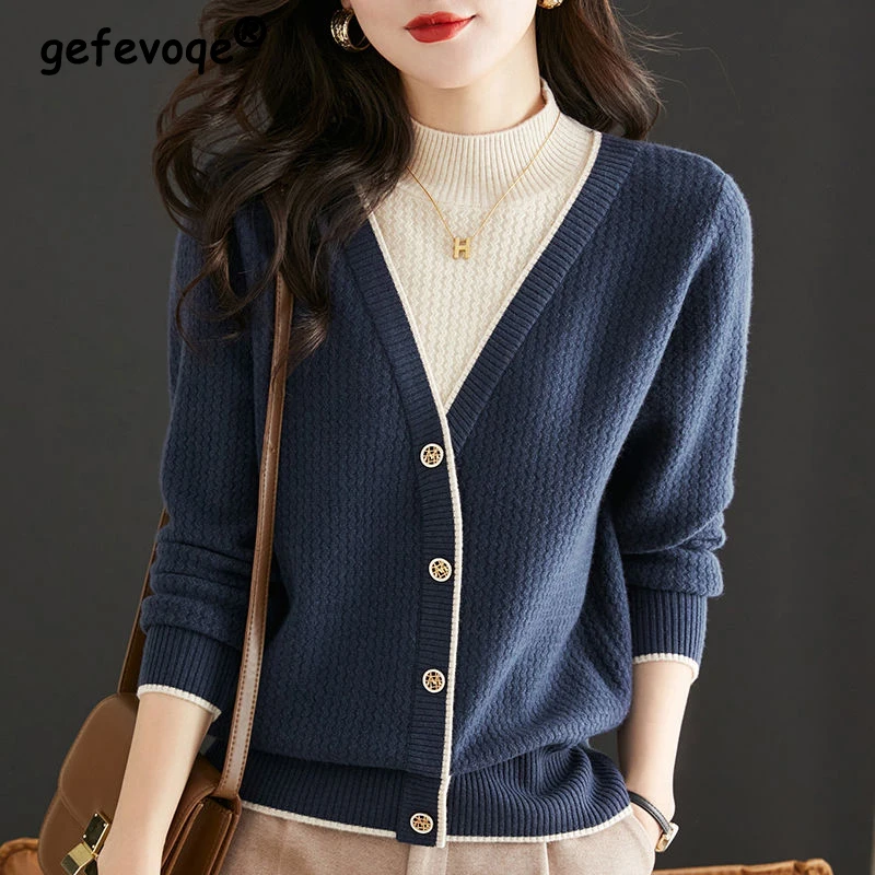 Women Clothing New Korean Style Patchwork Elegant Knitted Sweater Autumn Winter Half High Collar Long Sleeve Loose Pullover Tops