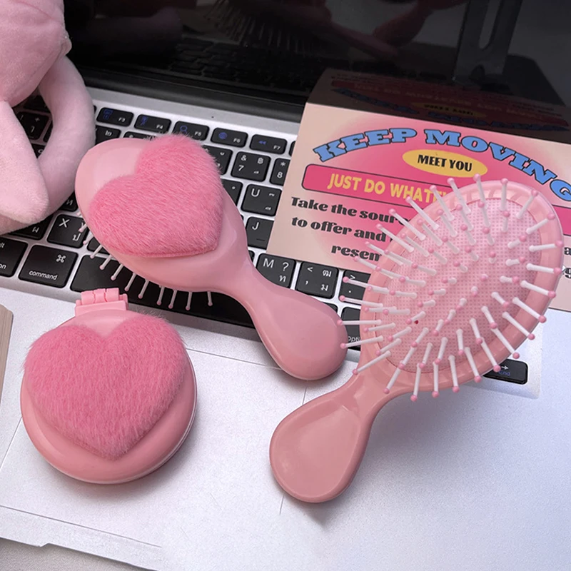 Cute Plush Love Folding Airbag Comb And Mirror Integrated Student Mini Compact Portable Air Cushion Massage Comb