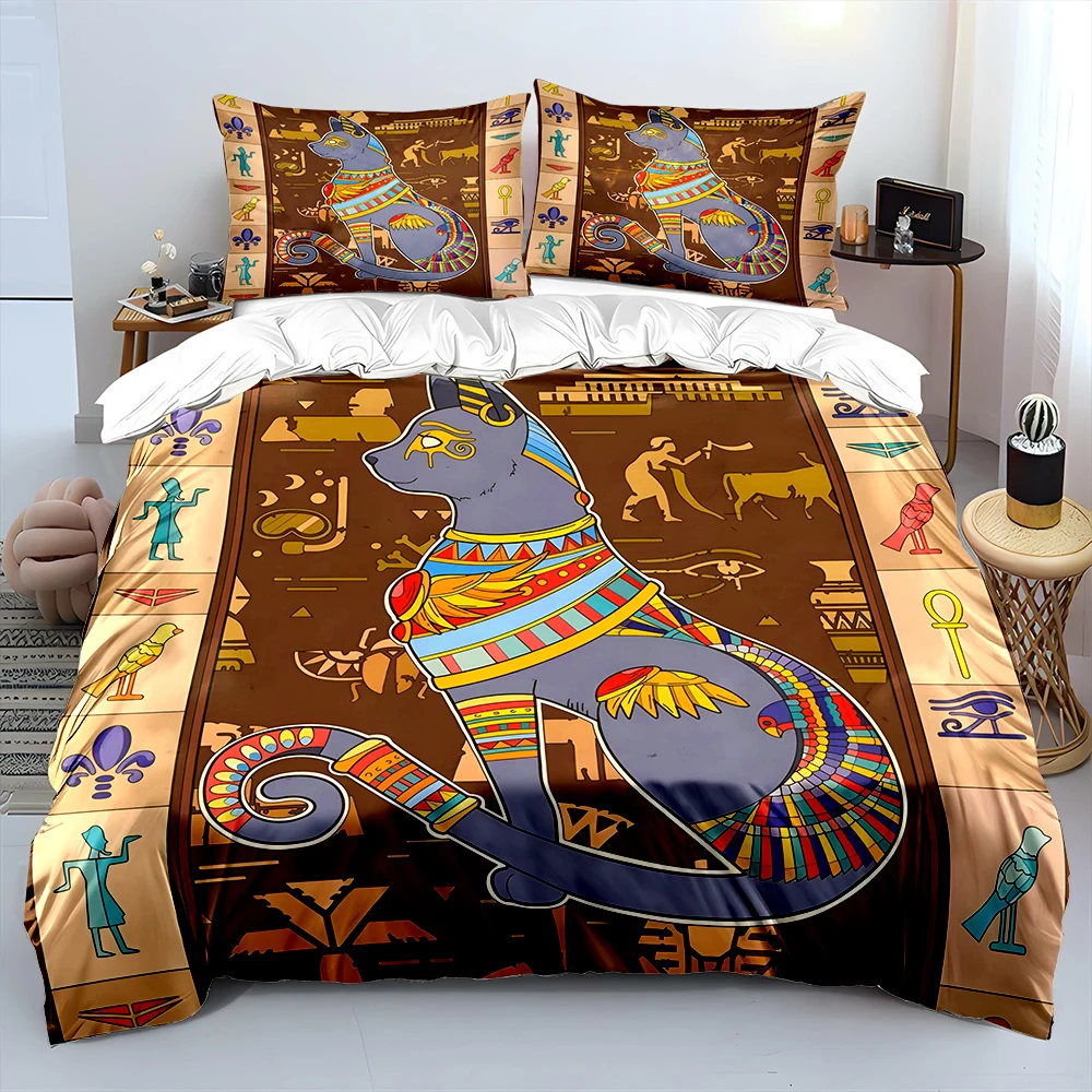 Decorated Egyptian-style cat Bedding Set for Kids Luxury Gift 3pcs Digital Print Comforter Set Soft Comfortable Breathable
