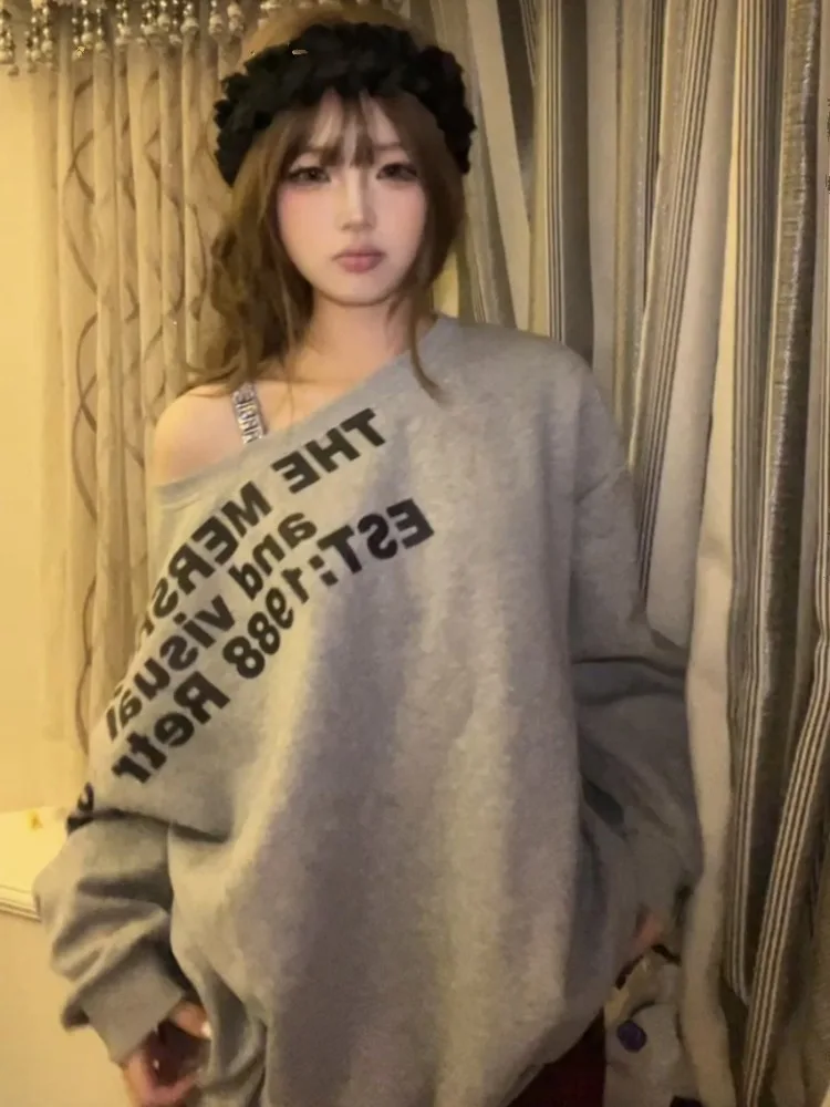 2024 Y2k Aesthetic Diamond Skew Collar Pullover Women Gray Letter Printing Streetwear Jumper Harajuku Oversized Knitwear Sweater