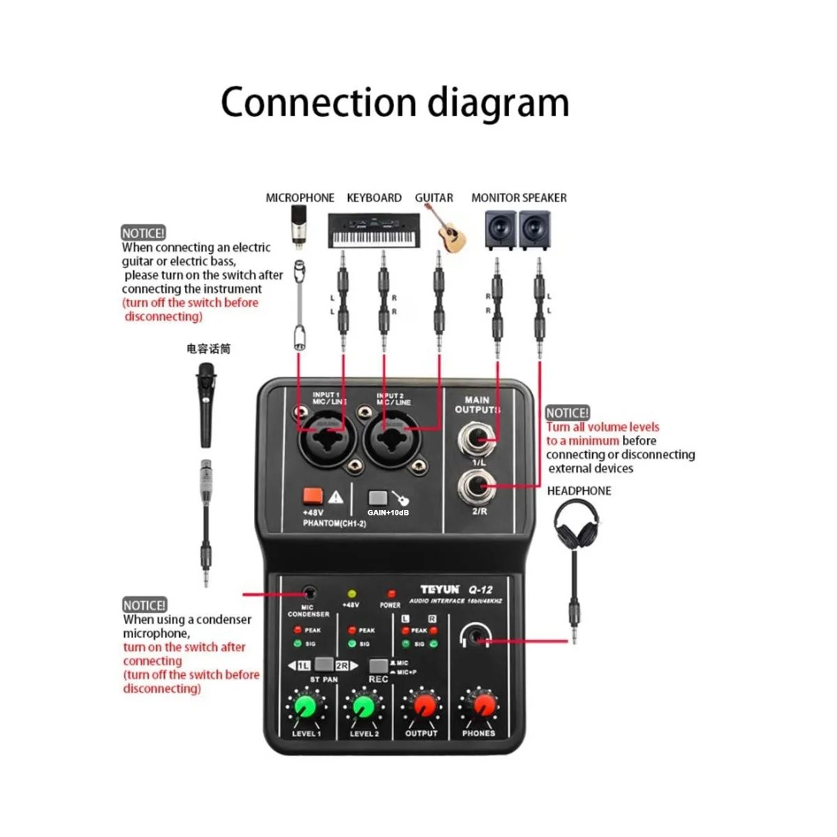 

TEYUN Q-12 Sound Card Audio Mixer Sound Board Console Desk System Interface 4 Channel 48V Power Stereo Computer Sound Card