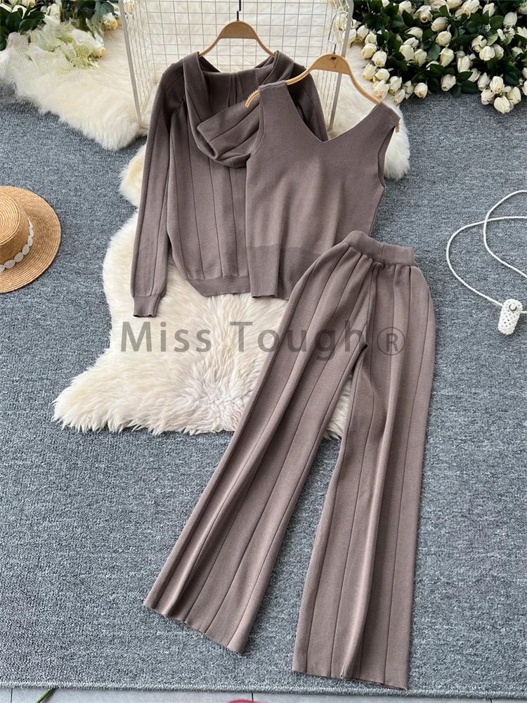 Autumn Korean Casual Knitted 3 Piece Sets Women Retro Hoodies Coat + Solid Vest + Wide Leg Pants New Design Vintage Suits 2024