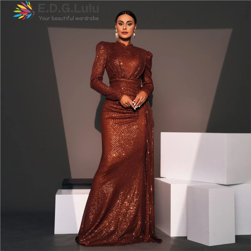 EDGLuLu Oneck Long Sleeved Birthday Dresses Luxury 2024 Sequin High Waisted Pleated Ribbon Black Green Long Evening Gown 1014