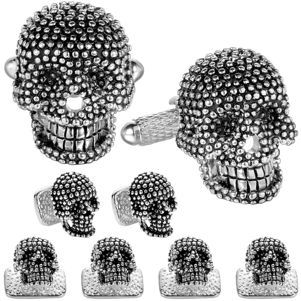 Gemelos para hombre con broches para esmoquin en caja de regalo, gemelos con diseño de calavera en tono dorado o plateado para pajarita negra azul marino, envío gratis