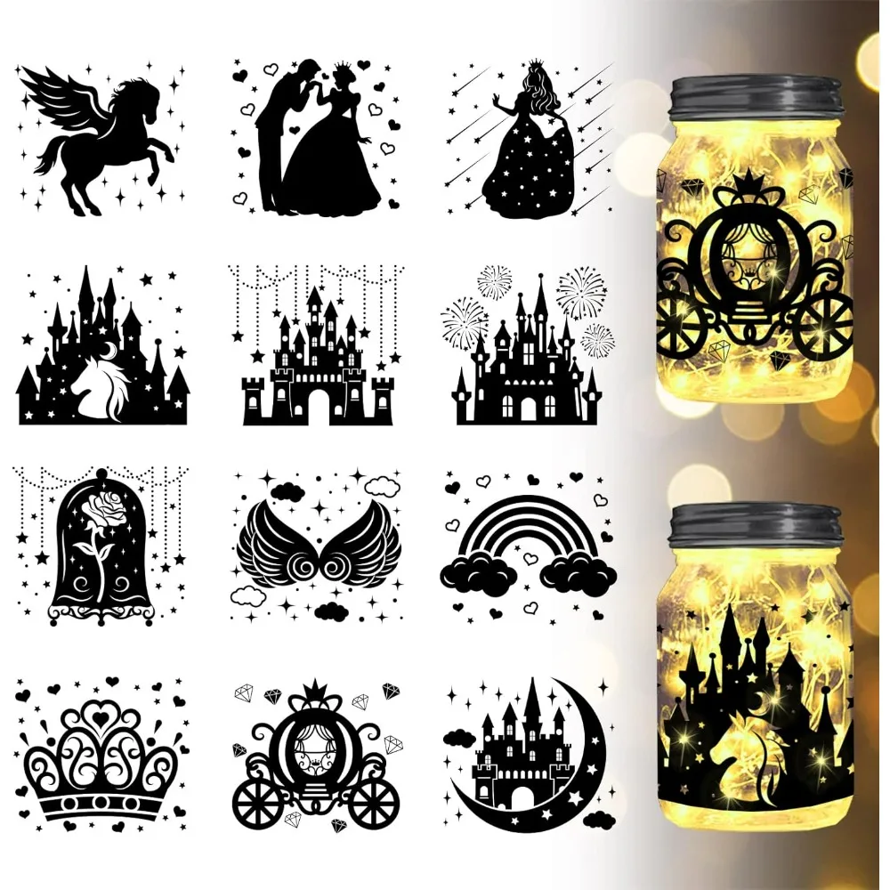 Fairy Tale Silhouette Jar Cutout Paper Window Castle Princess Crown Plastic Silhouette Wall Lamp Clings Decals Glass