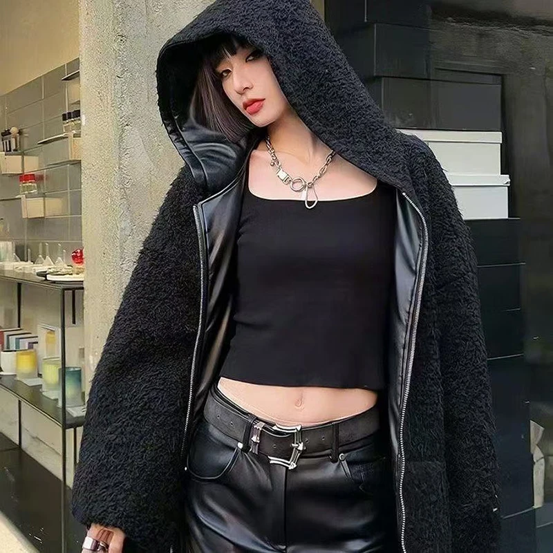 Chic Fleece Pu Reversible Women Jacket Hooded Zip Up Oversized Black Grunge Y2K Streetwear Loose Baggy Winter Coat Top