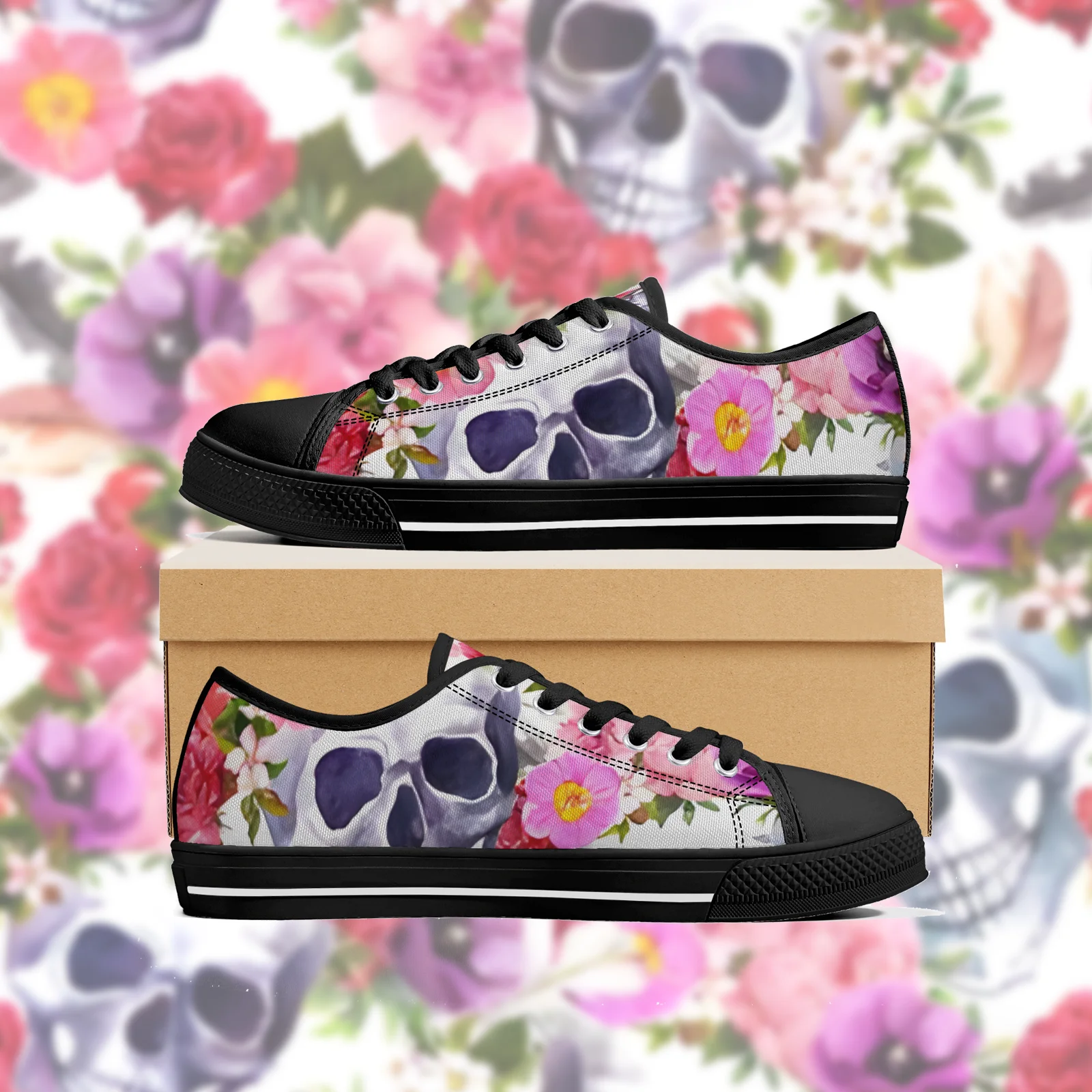 

Custom Shoes Skull Floral Prints Classic High Top Canvas Shoes for Women Vulcanized Shoes Flats Sneakers Footwears