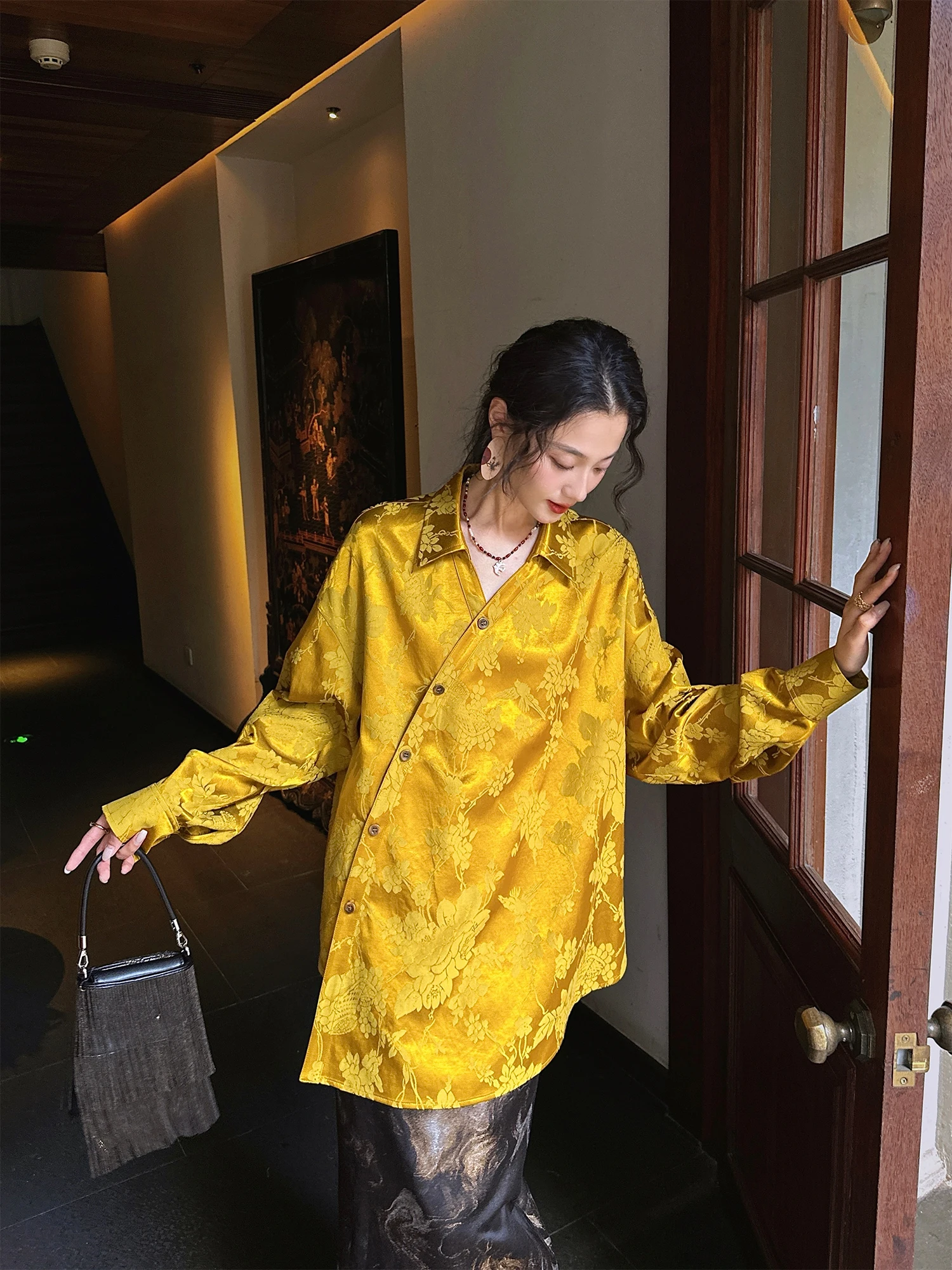 

Sanji Bla Flower Early Autumn Chinese Sle Silk Embroidered irt Slanted Sve High End Age Reduction Trendy Women's Blouse