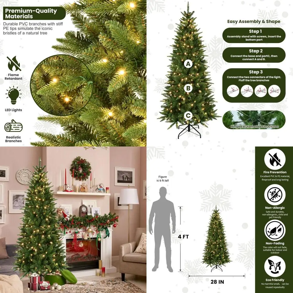 

4-Foot Pre-Lit Slim Pencil Green Christmas Tree with 150 Warm White LEDs, Hinged Design and Metal Stand for Home and Office Holi