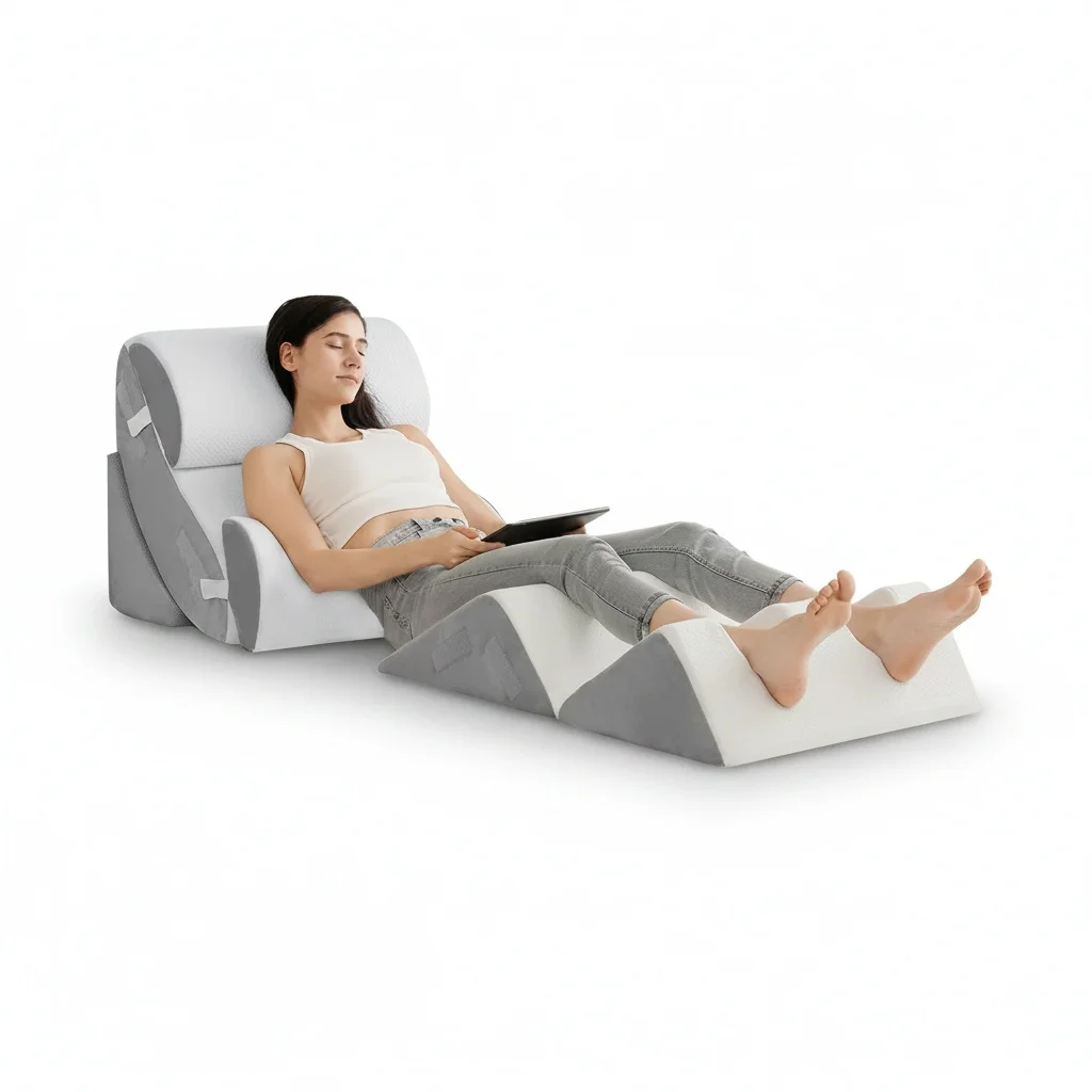 Adjustable Bed Wedge, 6-Piece Memory Foam  Pillow Set, 200TC Thread Count, Back Pain Relief, Neck Support