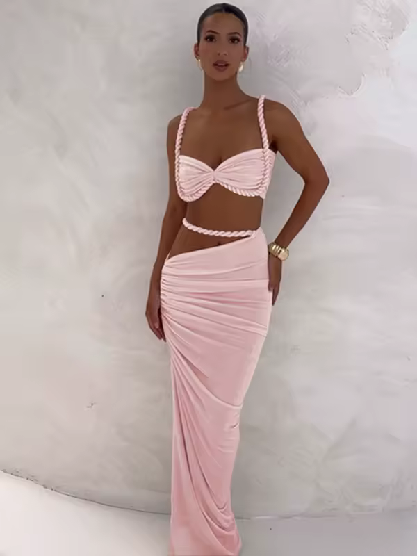 kliou Woven Sexy Women 2 Piece Set Stunning Hot Solid Pleated Crop Camisoles+High Waist Maxi Skirts Female Trend Vacation Outfit - Image 11