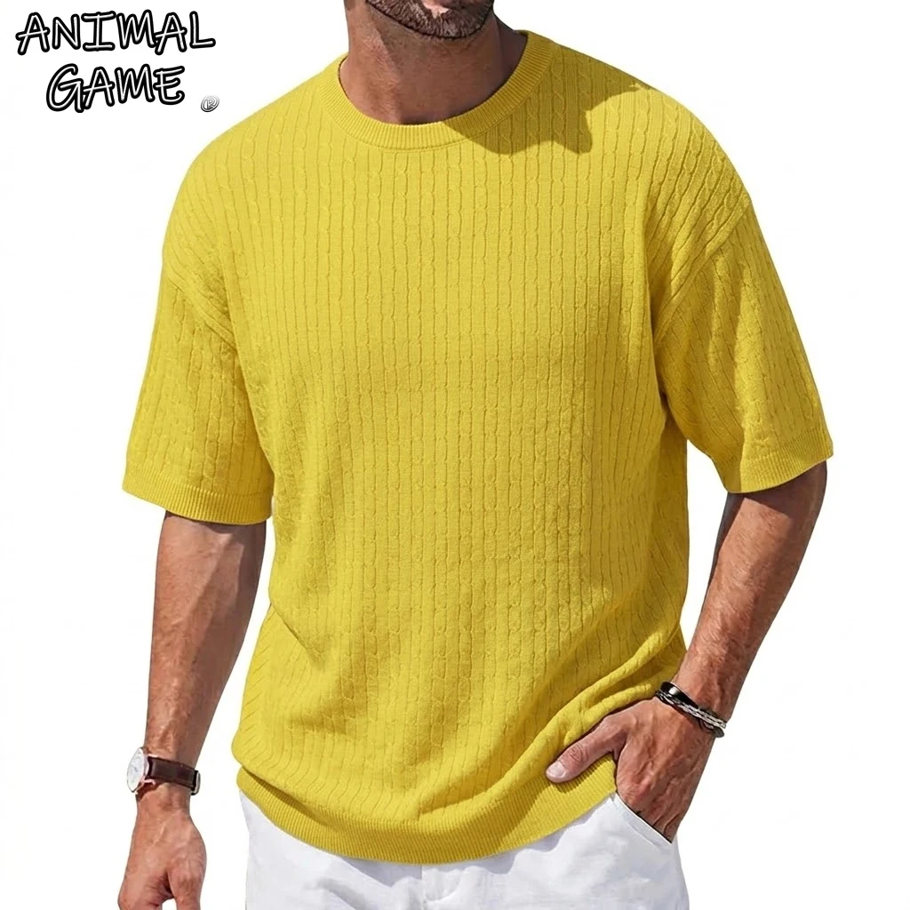 Camisetas coreanas de manga corta para hombre, suéteres casuales de punto suave, camisetas de cuello redondo para hombre, suéteres acanalados para hombre