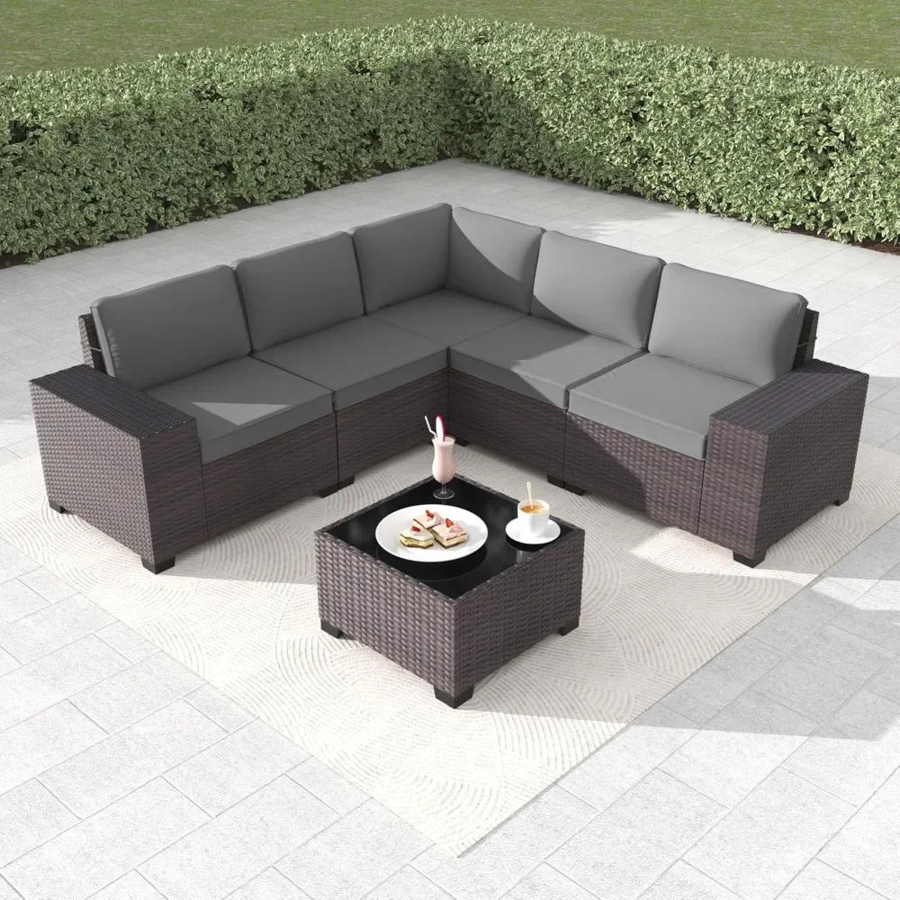 

6-Piece Patio Furniture Set, All-Weather PE Rattan Outdoor Sectional with Replaceable Grey Waterproof Cushions and Coffee Table