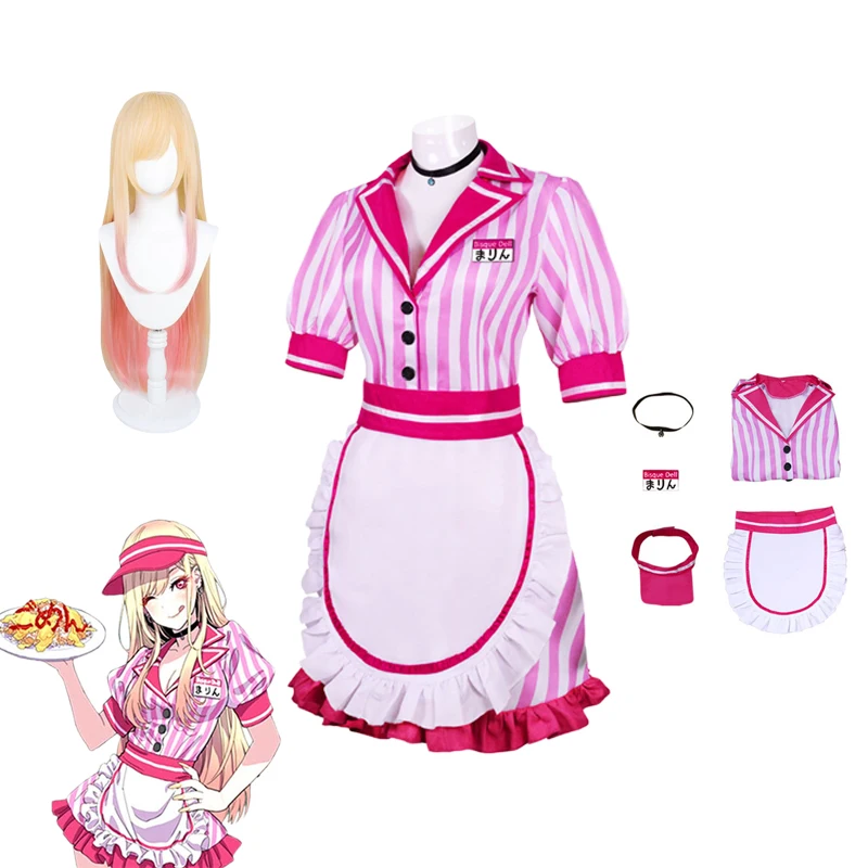 

Marin Kitagawa Cosplay Costume Wig Pink Waitress Sweet Maid Dress Anime Halloween Party for Women