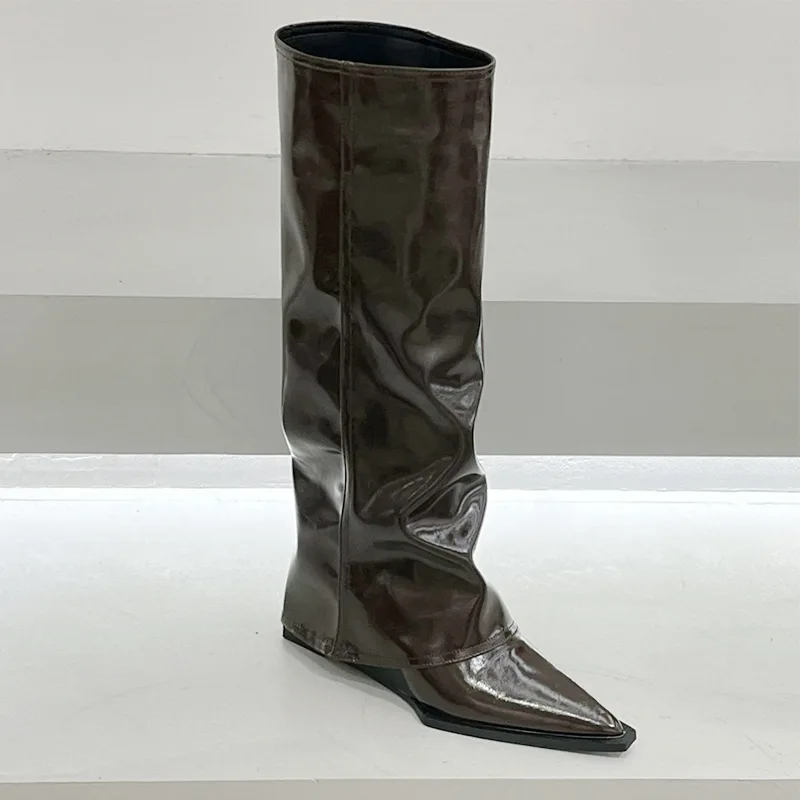 

Брюки на танкетке, сапоги, сапоги на высоком каблуке, женские европейские и американские младенцы, черные брюки из лакированной кожи с острым носком, сапоги, жареные уличные сапоги