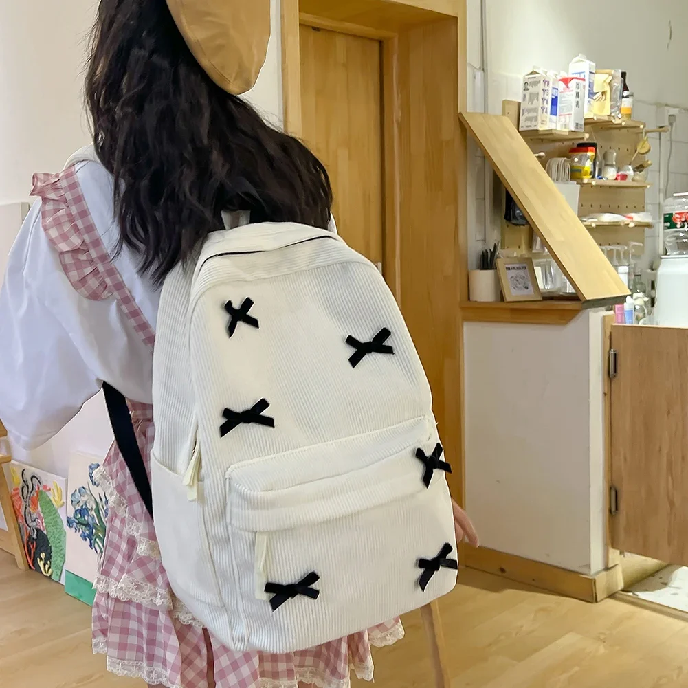 Girls Cute Bowknot Laptop Backpack Fashion Casual Corduroy Bow Student Backpack Large Capacity Travel Backpack Shoulder Bag