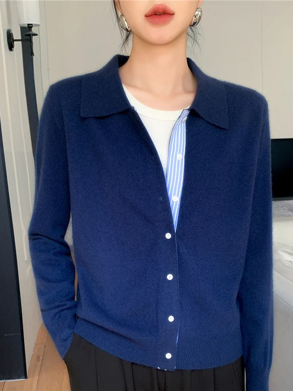 가을 신상 슬림 앤디 페이스 칼라 여성 니트 스웨터 코트 컬러 블록 슬림핏 패셔너블 롱 스웨터 보온성