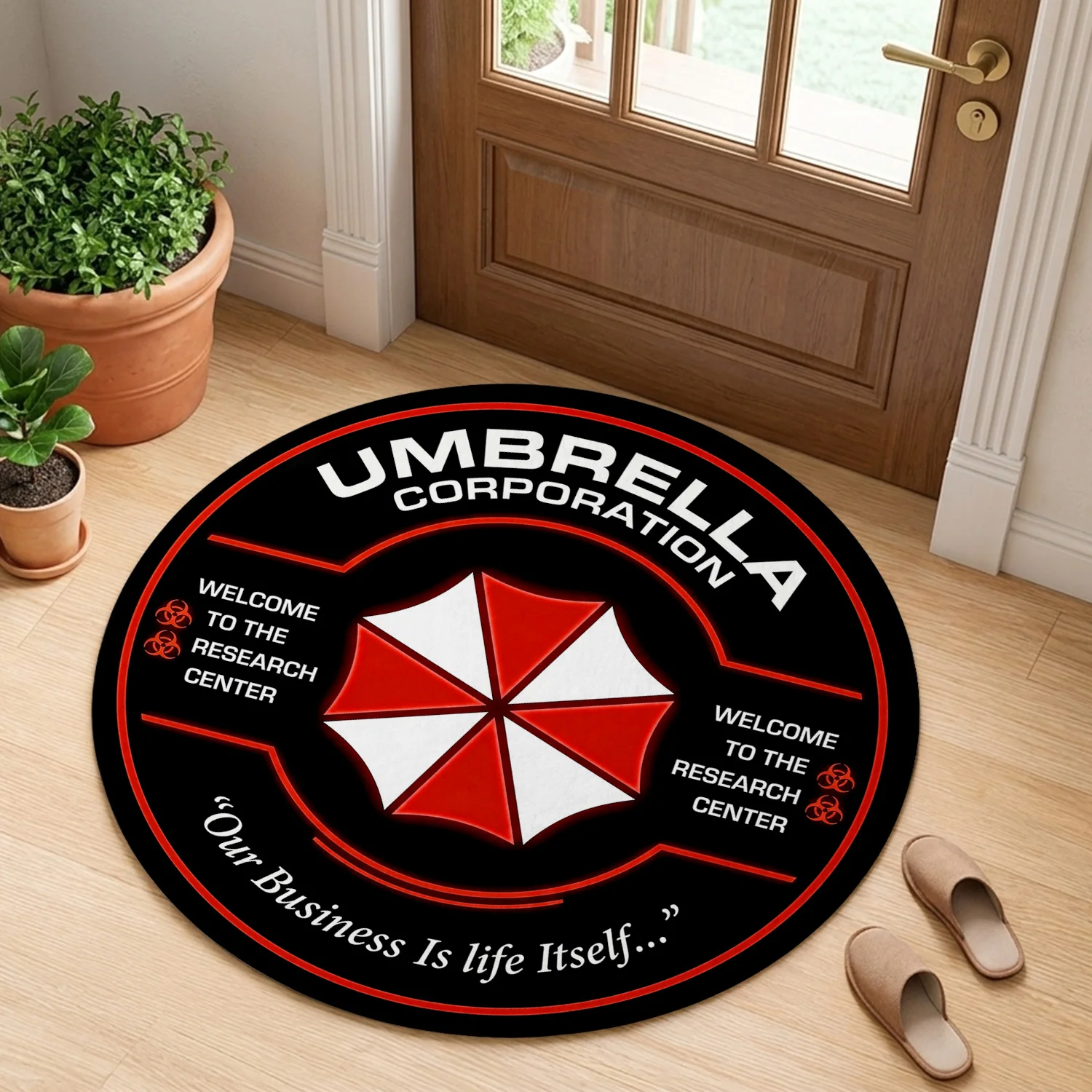 Resident Evil Umbrella Corporation Round Floor Mat, Welcome to the Research Center Non-Slip Rug
