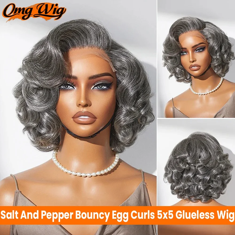 

5X5 Ready To Go Glueless Salt And Pepper Bouncy Egg Curls Wig For Women Grey Bob Wig With Natural Hairline Brazilian Remy
