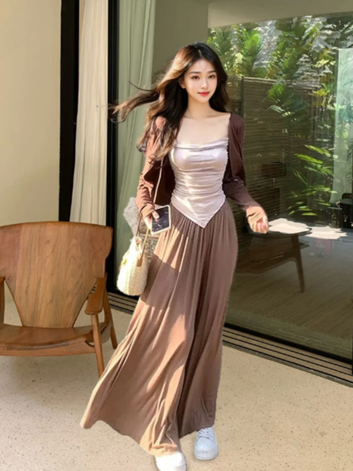 Laid-ba Sle Feminino de inspiração zen Commute Verão 2025 Calças de cintura alta com pernas largas Cardigan Colete Conjunto longo Sve V-ne