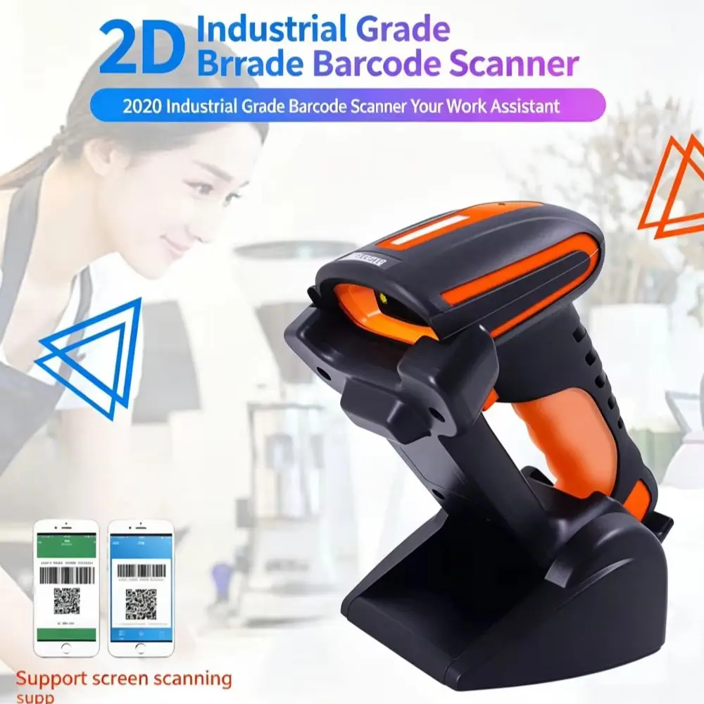 Industrial Grade 2D Barcode Scanner 3 Connections Bluetooth 2.4GHz USB Handheld QR Code Reader with Charging Base for Retail War