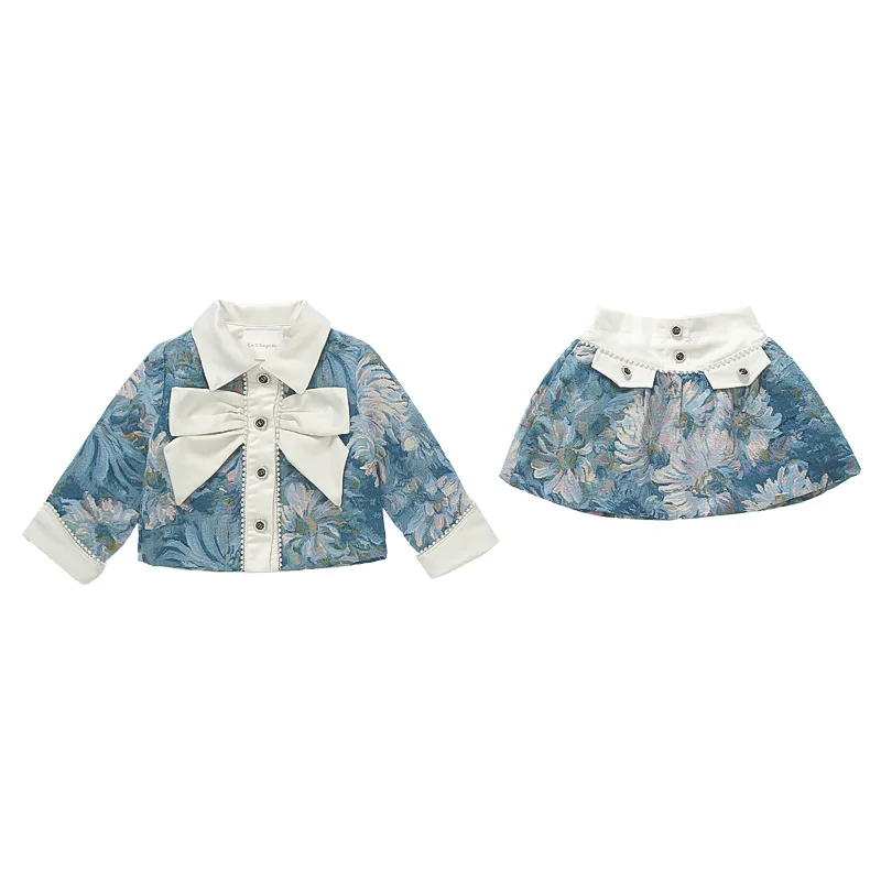 Girls Spring and Autumn Full Print Floral Small Fragrance Style Set 2026 Baby Girl Temperament Short Skirt Two-piece Set 5