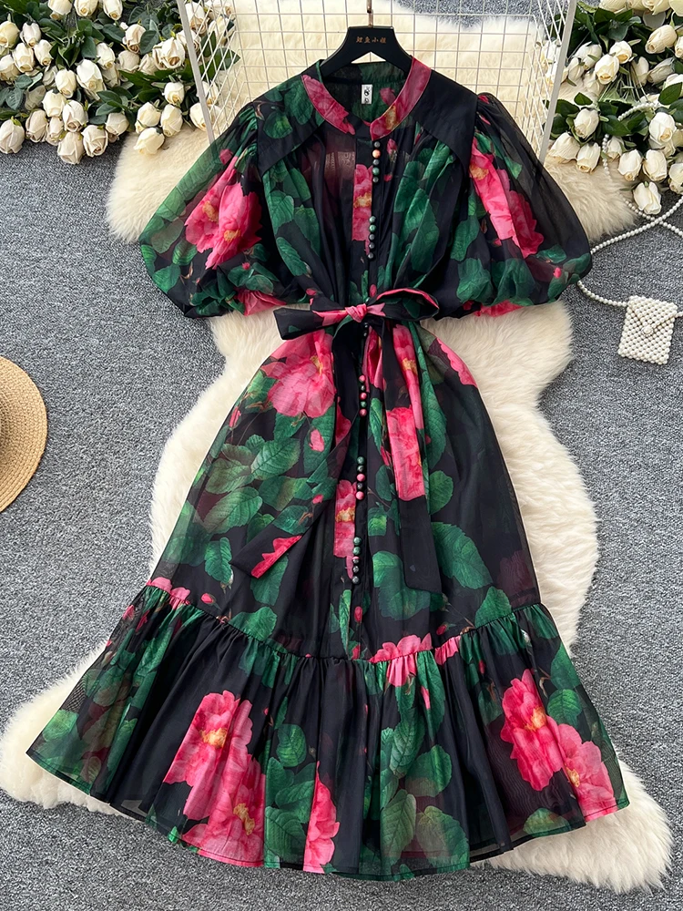 หรูหรายุโรป High-end พิมพ์แขนฟองชุดผู้หญิงฤดูร้อนสายรัดเอว Cinching Elegant Party Dress S77