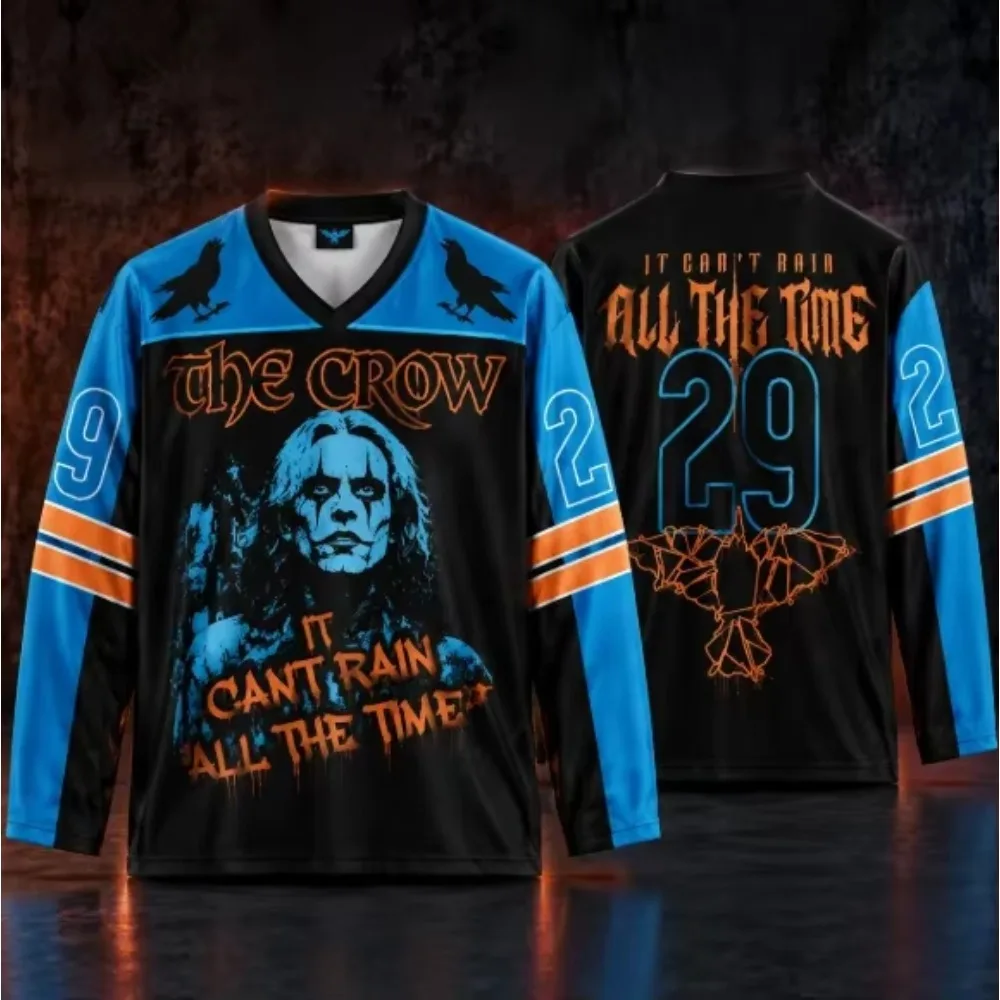 The Crow Long-sleeved Ice Hockey Jersey with Gothic Crow Print V-neck Street Retro Sports Outfit for Men and Women Casual Shirt