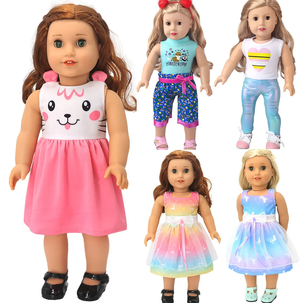 Doll Clothes Fashion T Shirt Pants Cartoon Dress Fits 45cm American Doll Toy Accessories Gift Girls