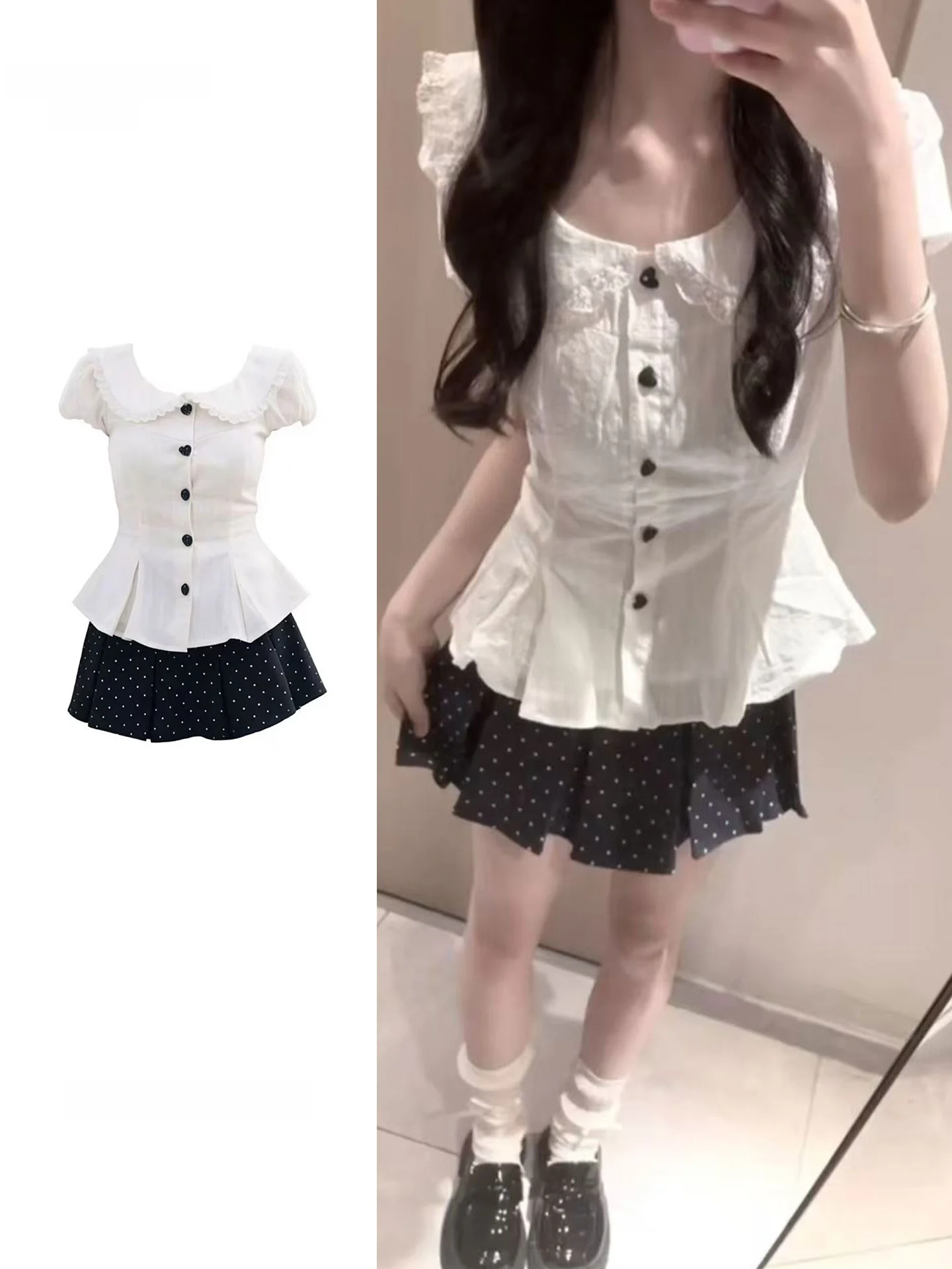 

Korean Style Polka Dot Doll Collar Short Sleeve Waist Cinched Top And Skirt Two Piece Set Women's Summer Fashion Ensemble