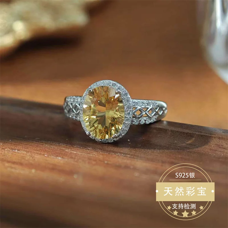 

Retro Big Size Citrine Ring for Women Wedding Adjustable Resizable Size Ring for Girl Lady Birthday Gift with 925 Silver