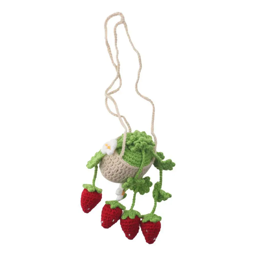 Red Strawberry and Green Leaf Car Hanging Ornament Cotton Yarn Crochet Basket Crochet Plant Rear View Mirror Pendant