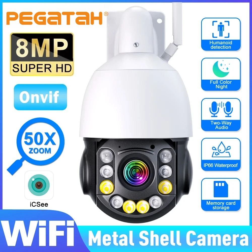 PEGATAH 8MP Wifi Camera 4K 50X Zoom PTZ IP Camera CCTV Outdoor Human Alarm Onvif Speed Dome Cam IR Distance Surveillance Camera