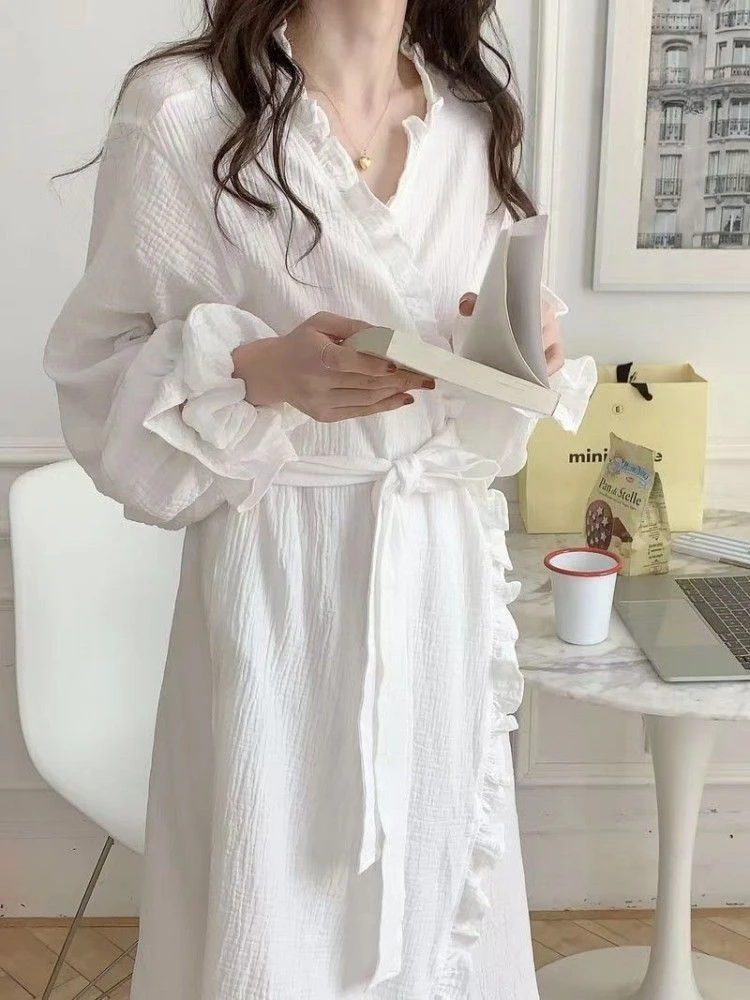 Leisure Simple Nightgowns Women Solid V-neck Edible Tree Fungus Spring Long Sleeve Princess Sweet Homewear Cotton Breathable