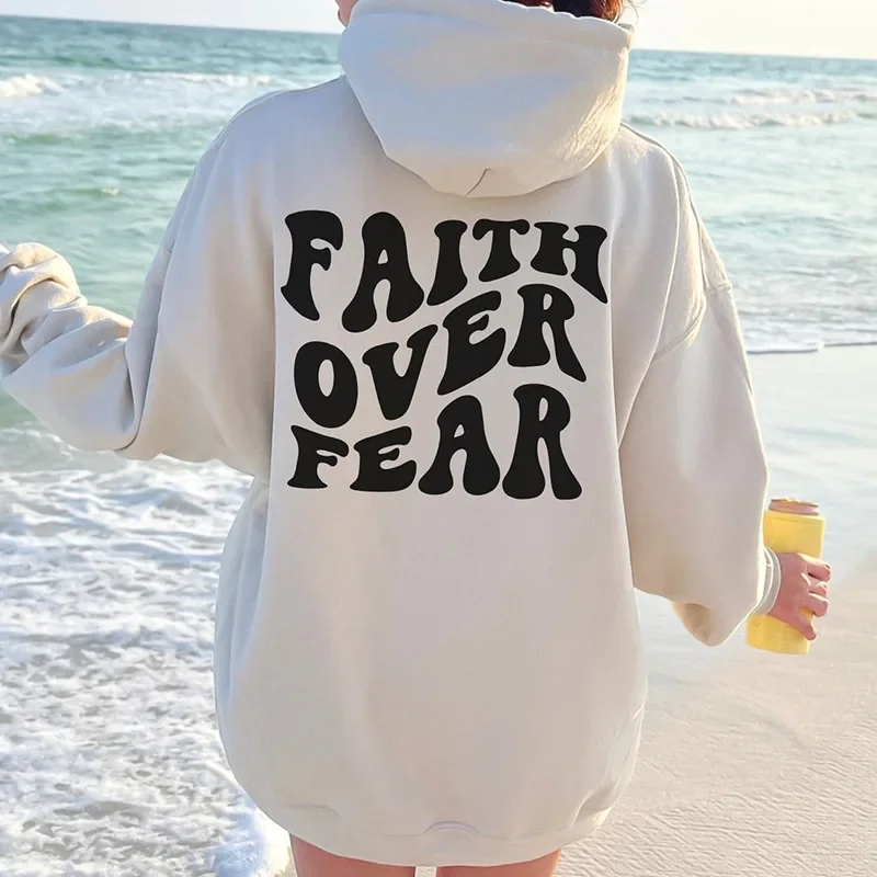 FAITH OVER FEAR Women Plush Sweatshirt Solid Color Letter Print Kangaroo Pocket Drawstring Print Hoodie