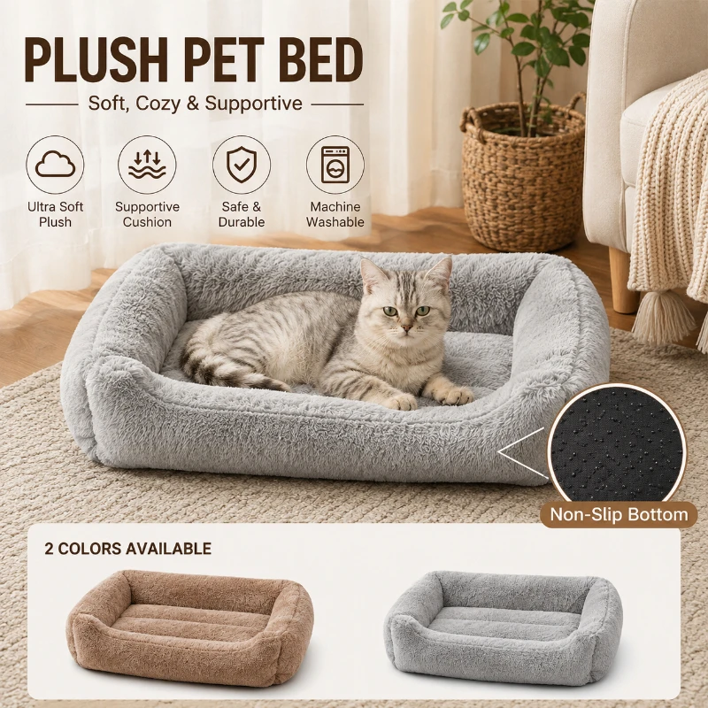 Plush Rectangle Bolster Cat Dog Bed Washable Non‑Slip Bottom Soft Fluffy Calming Sleeping Bed for Small Medium Kittens Puppies