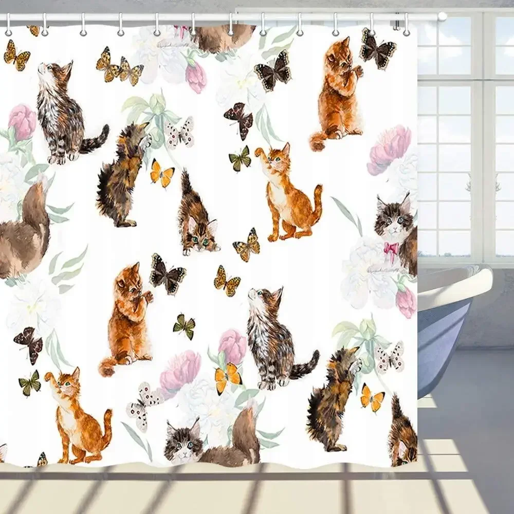 Funny Cats Shower Curtains Watercolor Kitten Hunts on a Butterfly,Pink Flowers Fabric Bath Curtain with Hooks Bathroom Decor Set