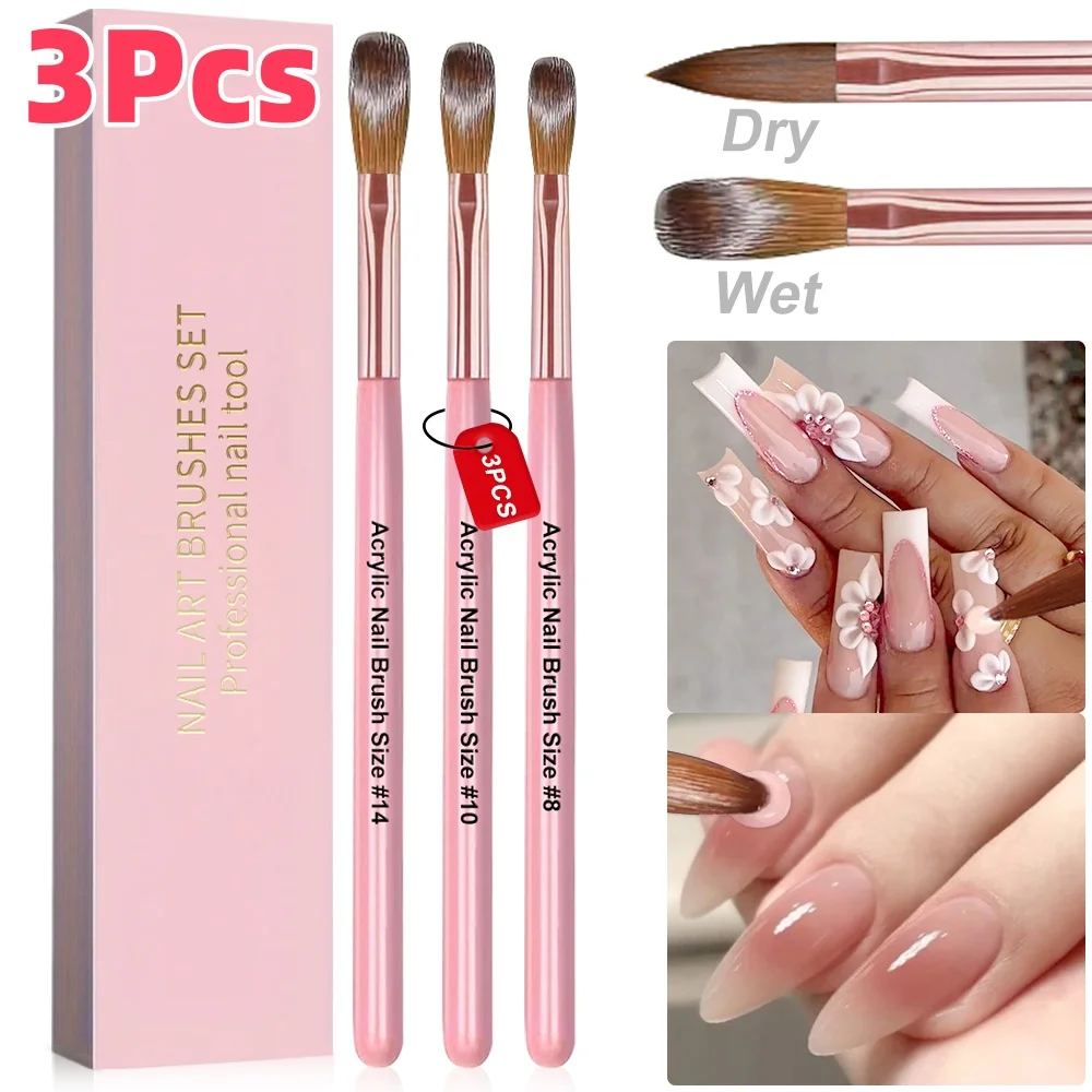3 pçs/set acrílico escova da arte do prego 8/10/14 para escovas de aplicação em pó acrílico extensão manicure & 3d escultura desenho ferramentas do salão de beleza