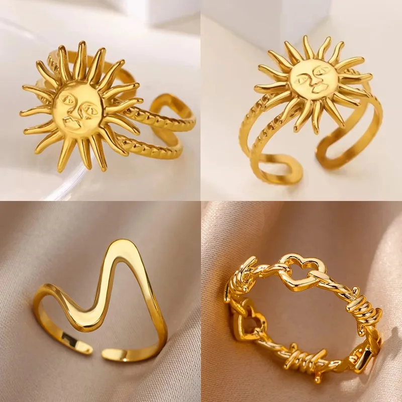 Geometrische Sonnenringe für Frauen, goldfarben, Edelstahl, Sonnenöffnung, verstellbarer Ring, ästhetische Hochzeit, Weihnachtsschmuck