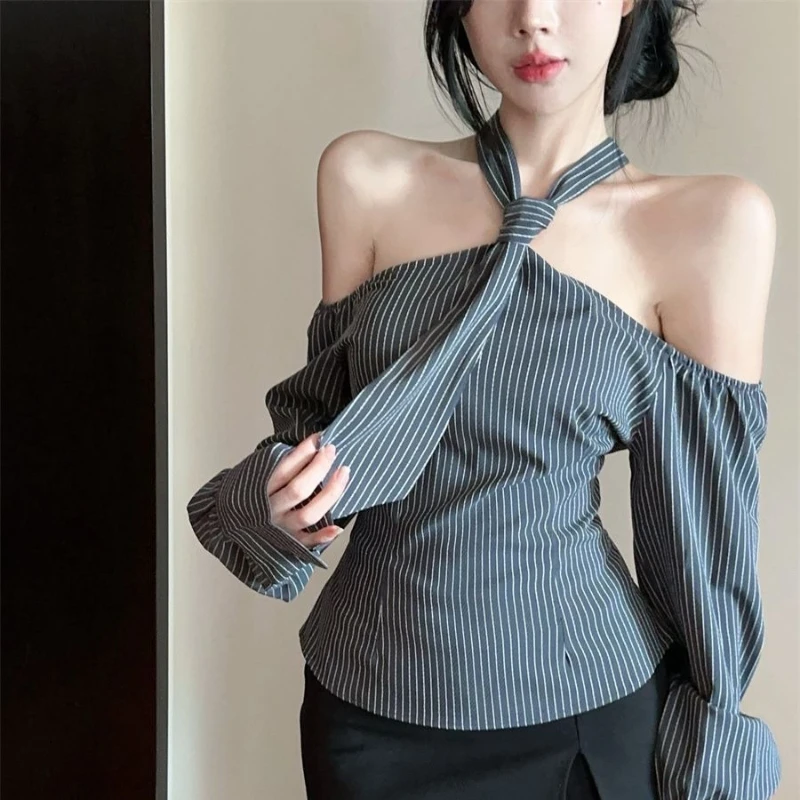 

Women’s Spring Long Sleeve Shirt Trendy One Shoulder Design Unique Stripe Elegant Slim Fit Versatile Blouse Feminine Casual Top​