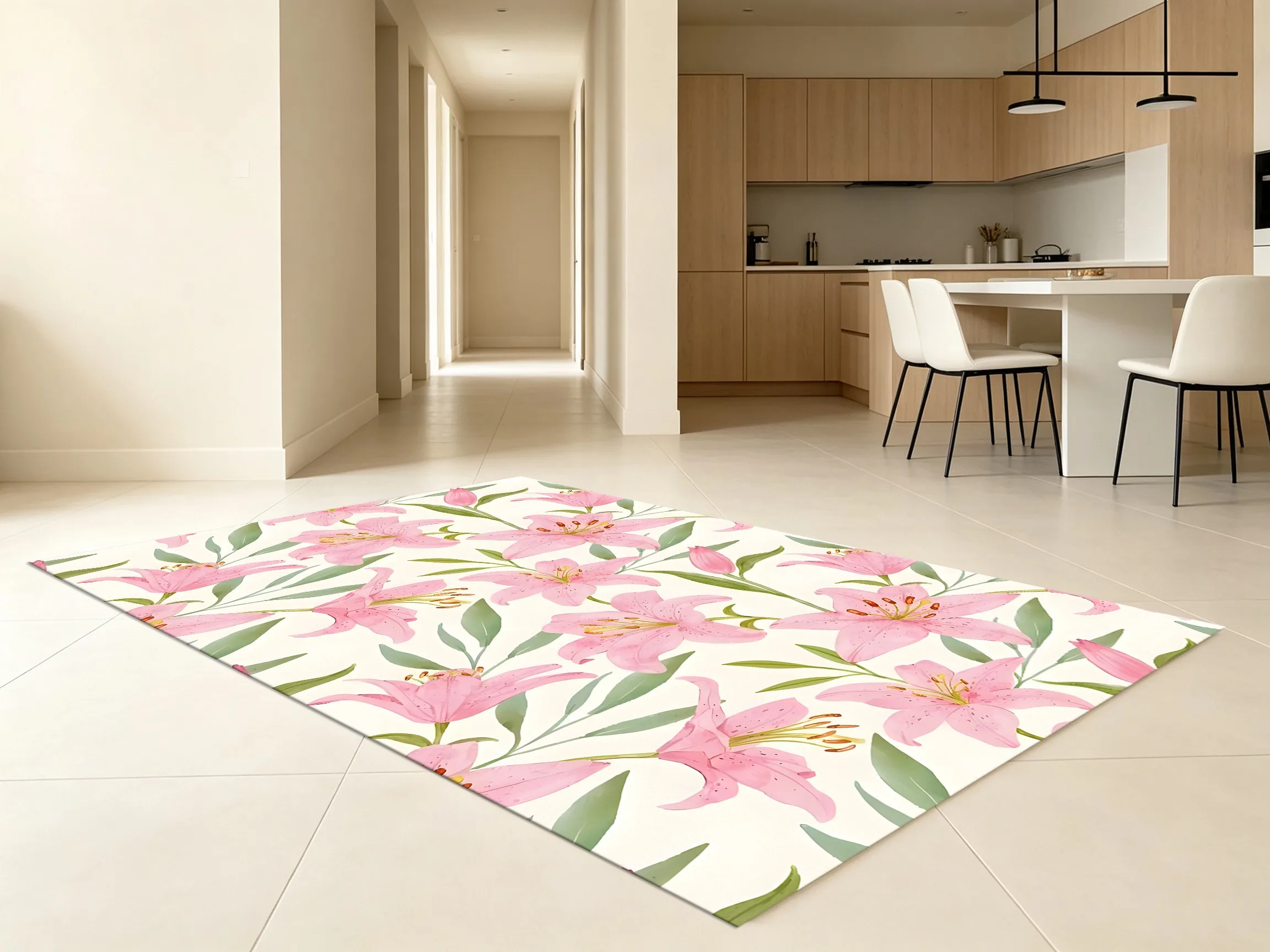 Watercolor Pink Lily Print Creates a Fresh, Forest-Themed Atmosphere, Perfect for Women's Day This Velvet Rug Is Ideal for Bedrooms, Living Rooms, and Walk-In Closets, Adding a Touch of Gentle Romance to Your Home.