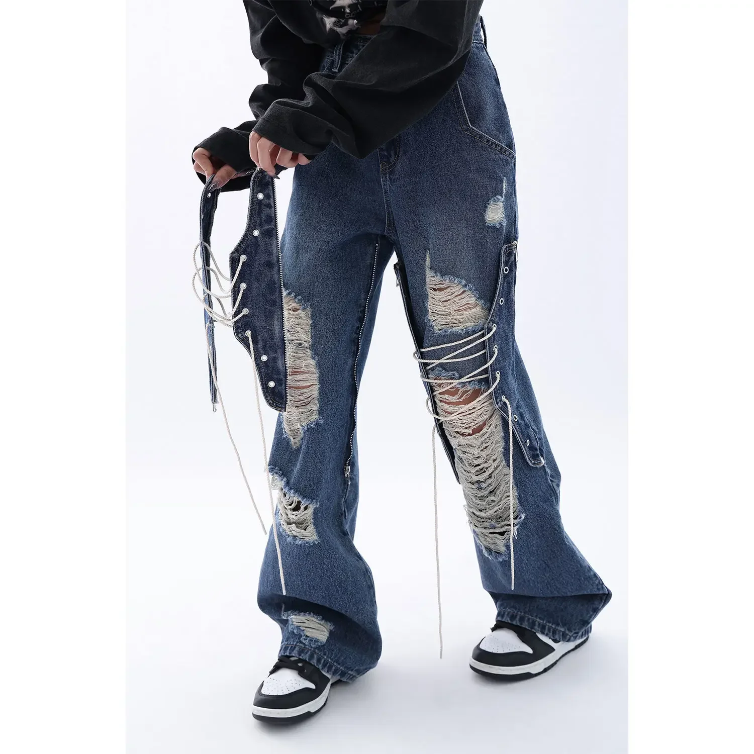 Imagem -05 - Design Azul Sentido Rasgado Y2k Calças de Brim Femininas Outono Nova Pantalones de Mujer Hip Hop Cintura Alta Reta Solta Mostrar Calças Finas