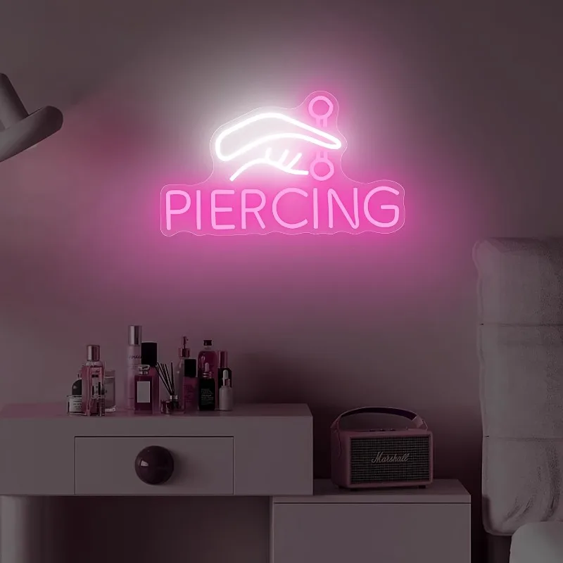 Letrero de Neón de Piercing, Arte de Pared LED Rosa, Decoración para Estudio de Arte Corporal, Tienda de Tatuajes, Salón de Piercings, Man Cave, Regalo Perfecto