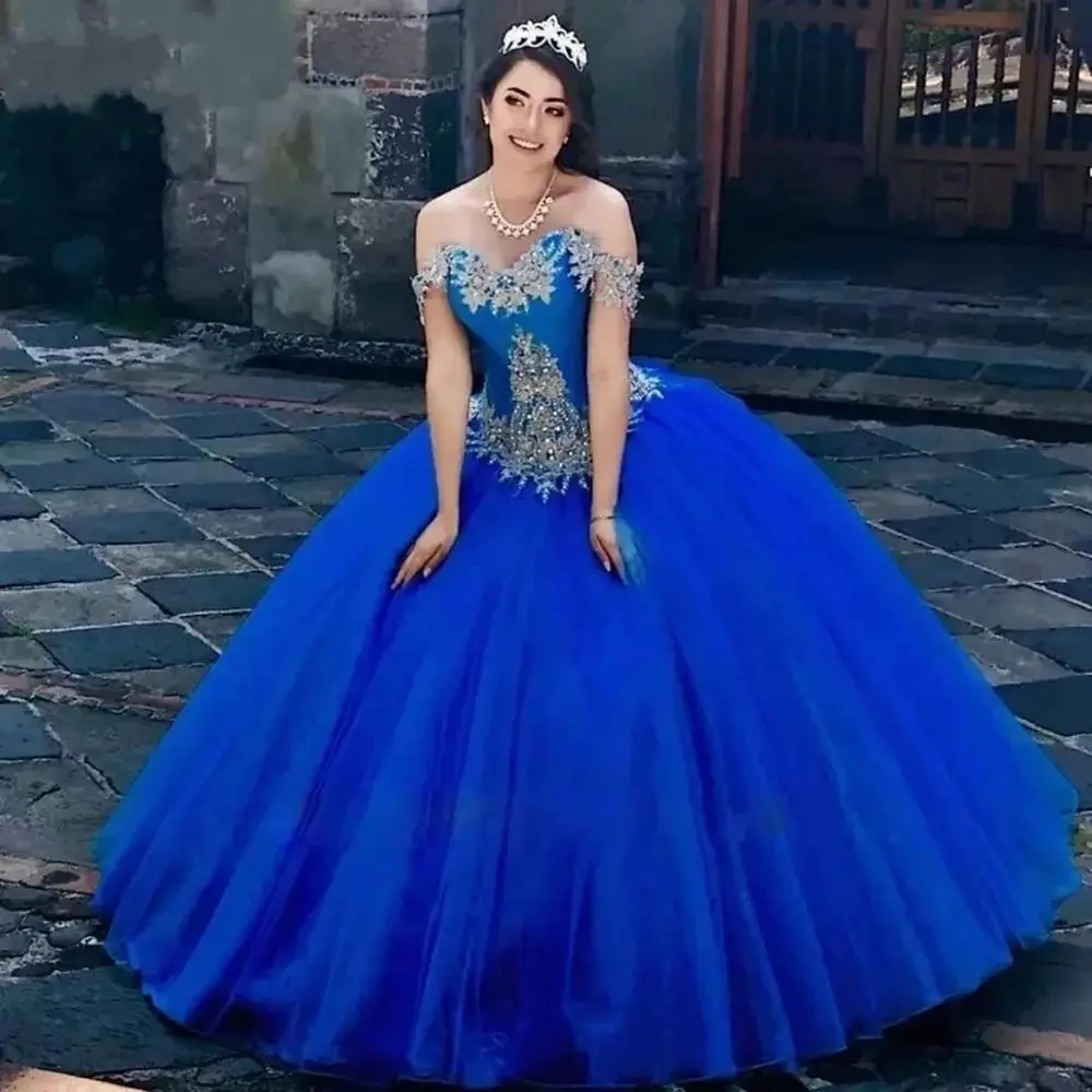 

ANGELSBRIDEP Royal Blue Quinceanera Dresses 15 Party Off-Shoulder Lace Applique Formal Princess Birthday Gowns Formal Dress