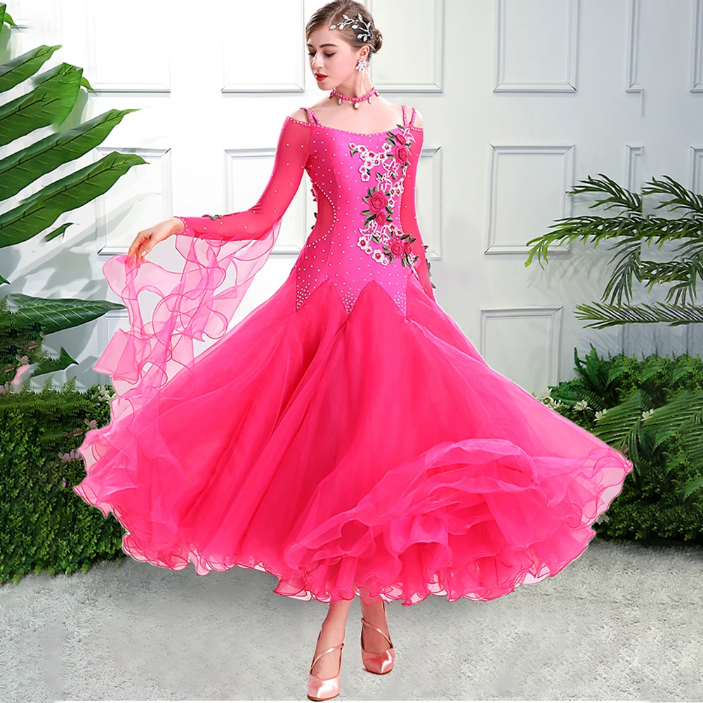 Ballroom Dance Competition Dress Rhinestones Rose Red Women's Ballroom Dresses Suspenders Stage Performance Costume Green Decals