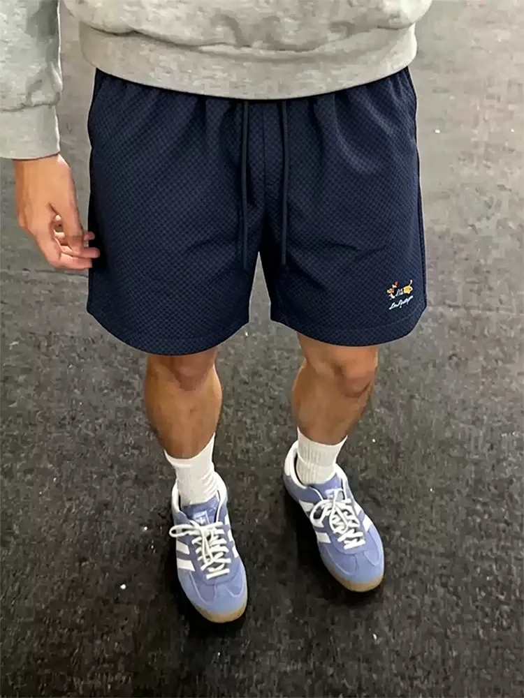 

Loose Casual Men's Sport Shorts Summer Bubble Cloth Straight Leg Beach Pants mid Waist Elastic Micro Stretch Machine Embroidery