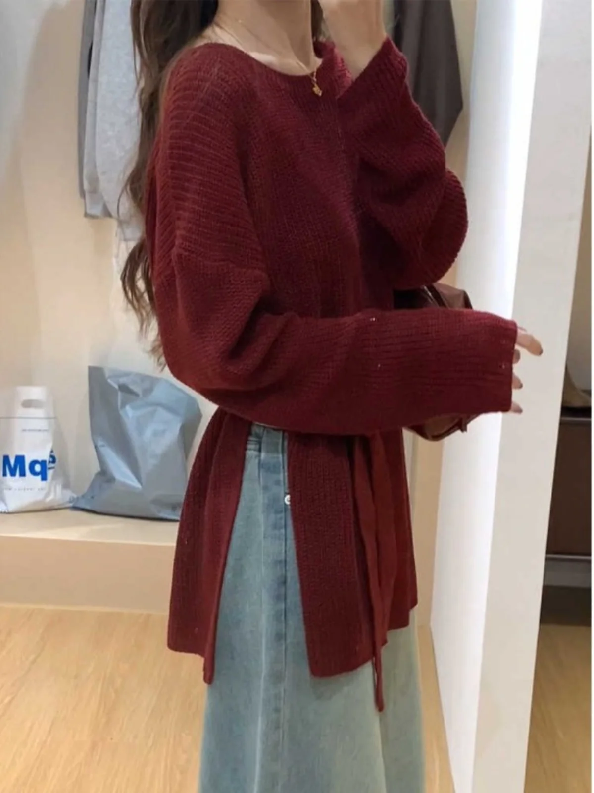 

Red round Ne Slit Sweater Women's Sle 2025 New Spring Autumn Lazy Sle Knot Knitted Top Loose Fit Long Sve Color