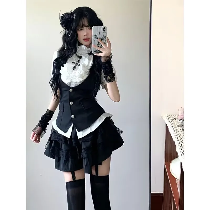 Harajuku Gothic Vintage 3 Piece Sets Womens Outfits Bubble Sleeve Lolita Shirt + Slim Kawaii Vest + Cake Y2k mini Skirt Sets
