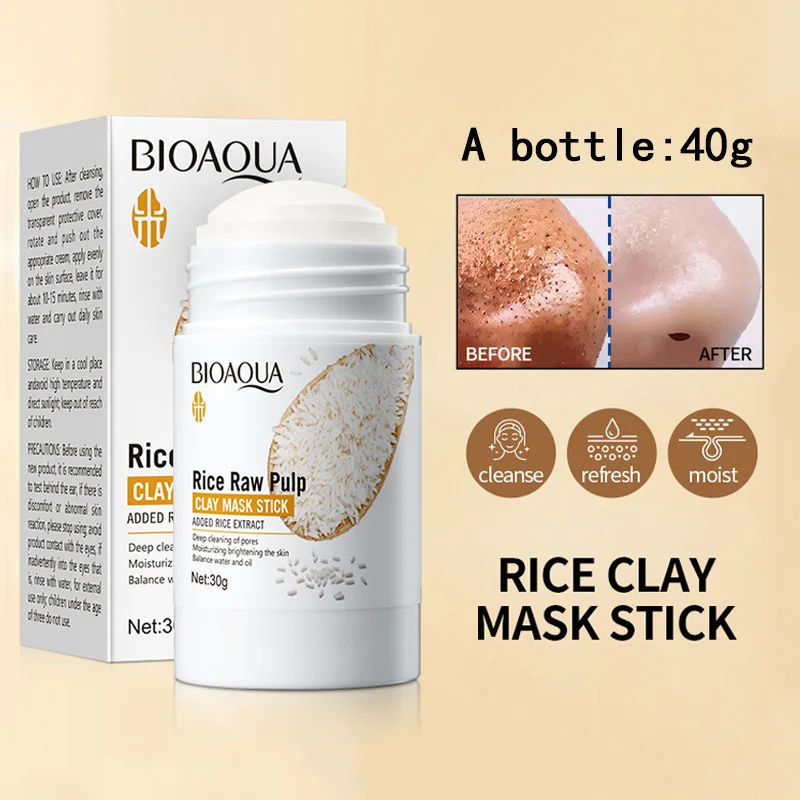 BIOAOUA Rice Raw Pulp Clay Mask Stick Moisturizing Controlling Oil Acne Removal Gentle Repair Mud Film Stick